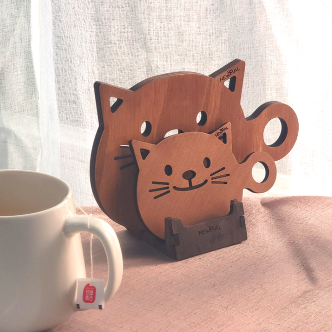 뉴멀 고양이 우드 받침 세트 (냄비받침1개+컵받침2개+거치대) 나무 코스터, 1세트