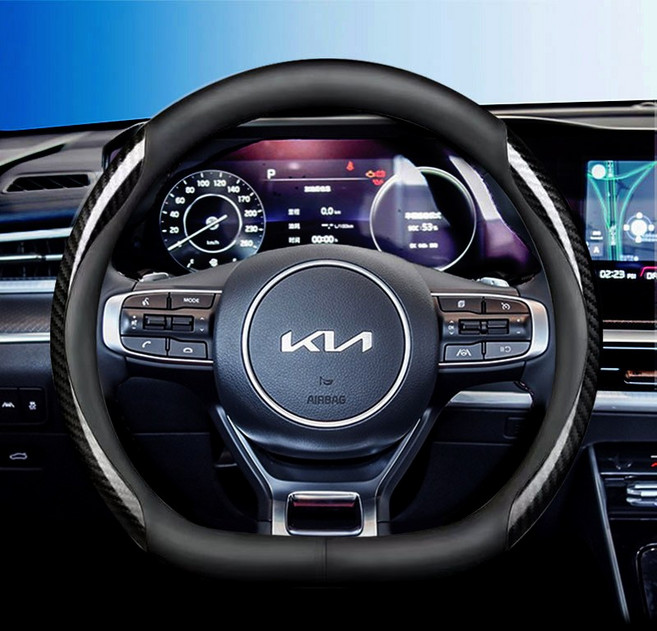 기아 전차종 호환 프리미엄 나파 가죽 카본 핸들커버, D컷(K-02), 블랙 카본