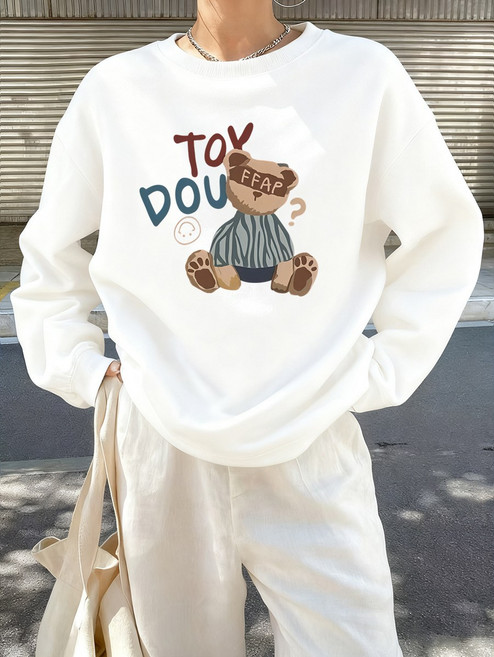 Mars 소프트 귀여운 카툰 베어 레터 프린트 라운드 넥 여성 스웨터 - 넉넉 릴렉스 핏 따뜻하고 피부친화적 몸매 보정 무난 코디 인스타 스위티 분위기 소녀심 편안한 질감 상의