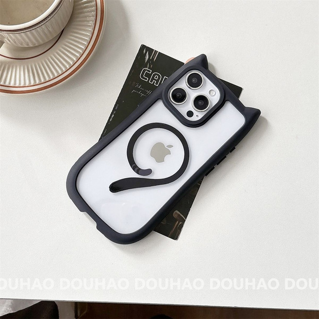 貓耳磁吸殼 蘋果 iPhone 16 Pro Max / 15 / 14 / 13 / 12 透明全包硬殼, 1個, 蘋果 14Pro黑色【貓耳】+貓尾磁吸圈