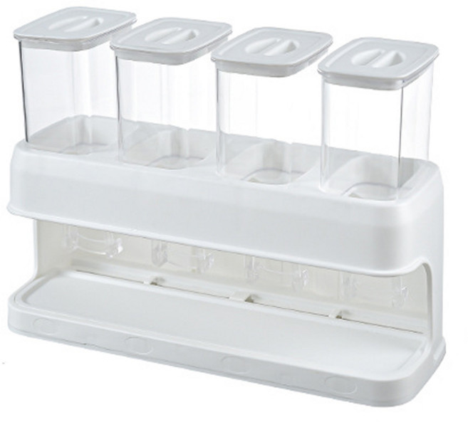 가정용 키친 다용도 양념통 4P 세트 밀폐 조미료통 벽걸이 원터치 조리도구걸이 500ml, 고체(4P 양념통+4P 걸이), 흰색, 1개