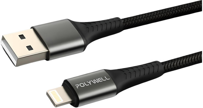 POLYWELL USB to Type-C 充電線, USB to L編織線【黑色】, 1個, 2m