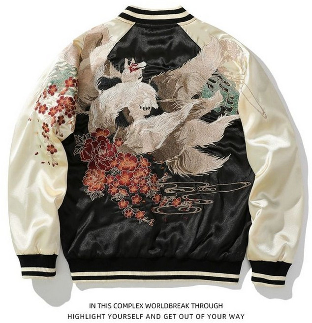 스카잔 자수 바람막이 구미호 프린팅 트랙 자켓 오버핏 점퍼