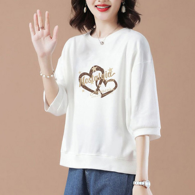 로르카 여성 라운드넥 프린트 캐주얼 베이직 7부 소매 티셔츠 F01031102