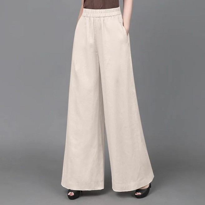 Makone 여성 하이웨이스트 밴딩팬츠 스트레이트 캐주얼 린넨 슬랙스 바지