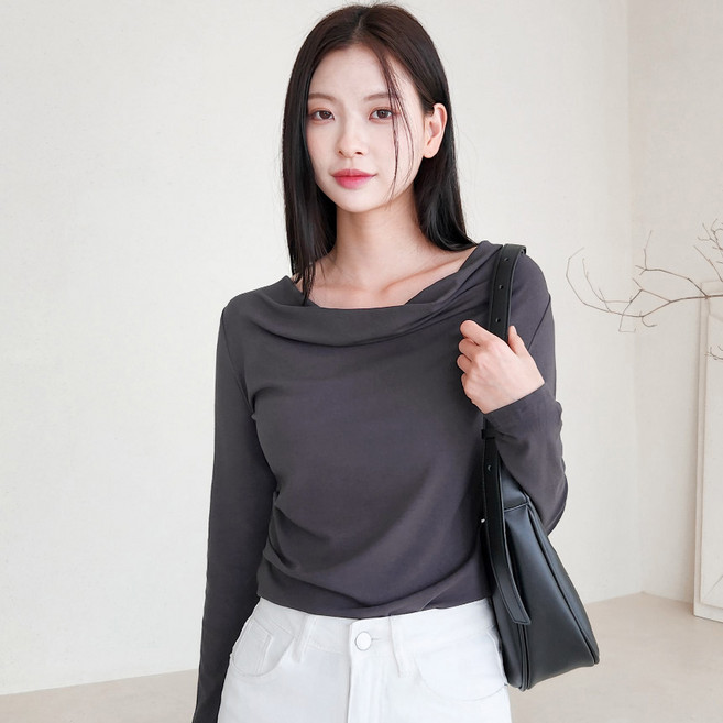 더웨이나인 여성 드레이프넥 티셔츠 셔링 긴팔 이너티 보트넥 이피