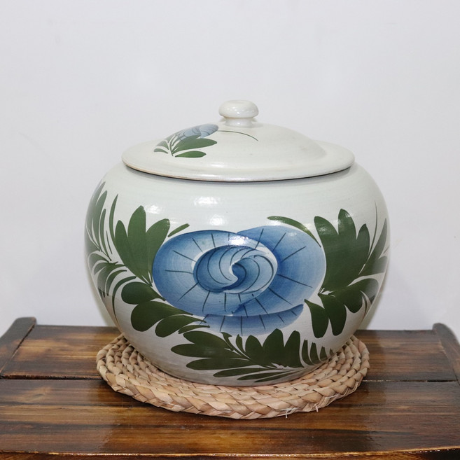 중 도자기요강 목단그림 분청, 요강 중 + 짚매트