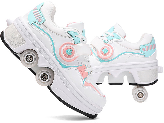 4륜 스케이트 컬러풀한 LED 조명 복열 스케이트 접이식 변형 바퀴 남녀공용 운동화 탈부착 스케이트 인라인 스케이트, 하얀색, 1개