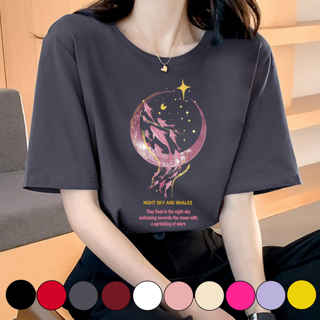 그리내 여성 라운드넥 여름 핑크 돌고래 예쁜 시원한 반팔티 커플티 캐릭터 이너 홈웨어 프린팅 티셔츠