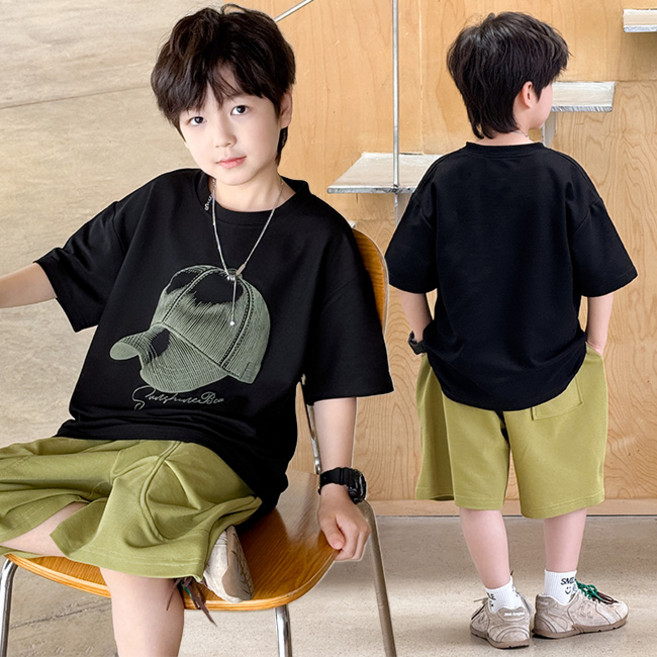비비키드 남아 여름 초등생 캡모자 프린팅 반팔티 반바지 상의 초중생 하의 세트 주니어 상의+하의 세트 (7331)