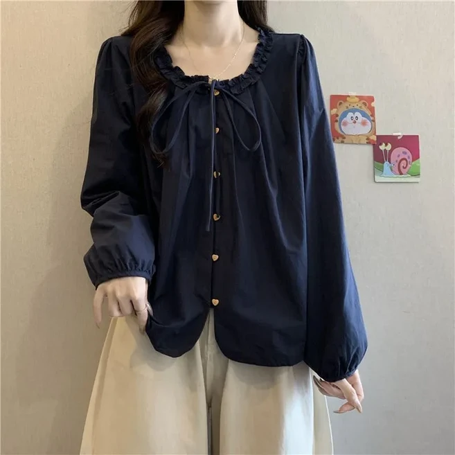 여성용 봄여름 빅사이즈 루즈핏 프릴 스트랩 긴팔 블라우스26fsgh03LL