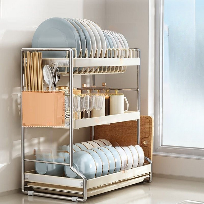 귀월미 대용량 2단 3단 스테인리스 식기 건조대 주방 접시 컵 수저 정리 랙, 1개, 펄 화이트