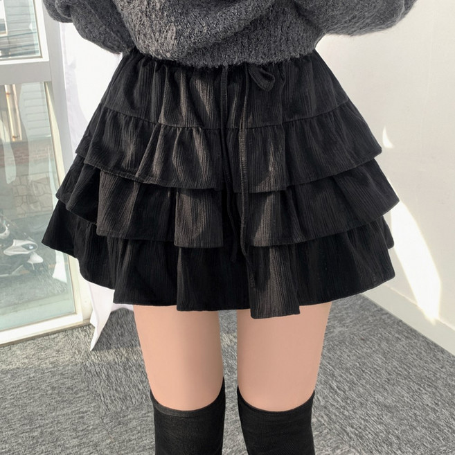 티데일리 여성용 플랑 골지 코듀로이 프릴 캉캉 미니 스커트