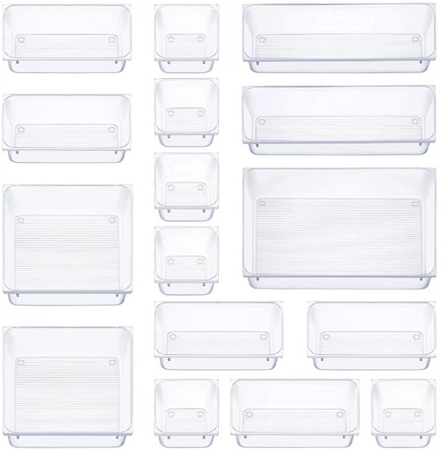 바이리모 다용도 깔끔 보관 투명 크리스탈 아크릴 트레이 다양한 사이즈 책상 화장대 서랍 칸칸분리 수납 정리함 세트, 스트라이프, 16개