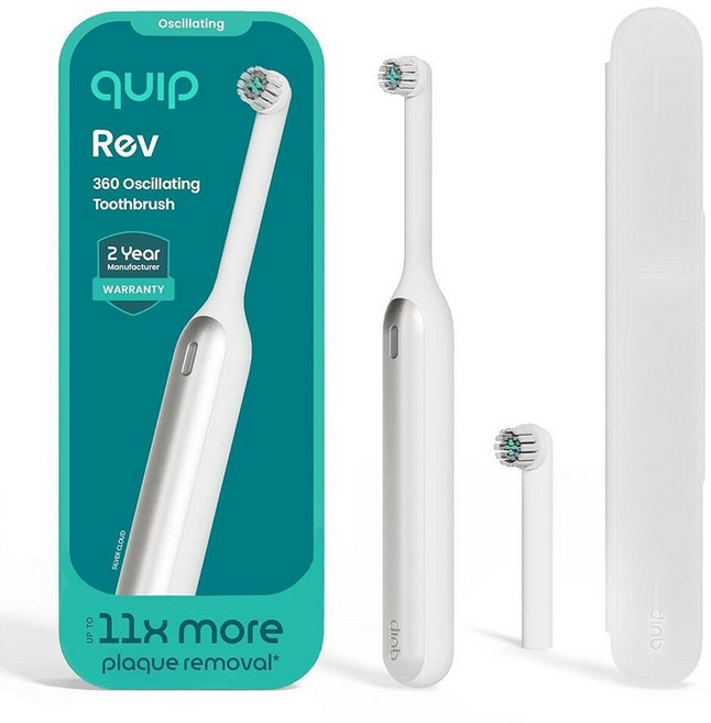 Quip Rev 진동 충전식 전동 칫솔 추가 브러시 헤드 포함 - 부드러운 칫솔모 압력 센서 3가지 강도 30일 배터리 수명 2분 타이머 여행용 케이스 미러 마운트, 실버 클라우드