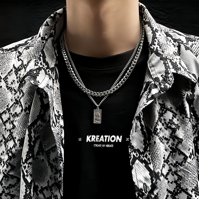 홍언목요 남자 티타늄 목걸이 남여공용 레이어드 힙합 목걸이 네모 쿠바