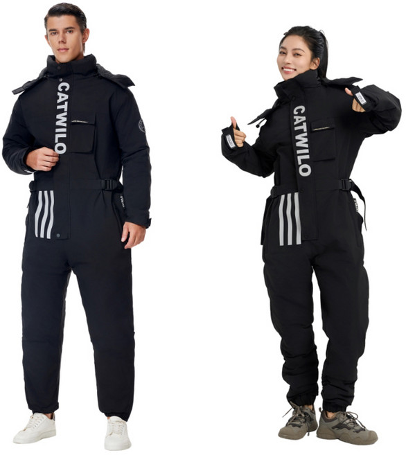 지누오 오토바이 방한복 배달 라이딩 일체형 우주복 허리조절가능스키복 겨울 스즈끼복 배달 방한복 바이크 방한 용품 패딩, XL, 검정색
