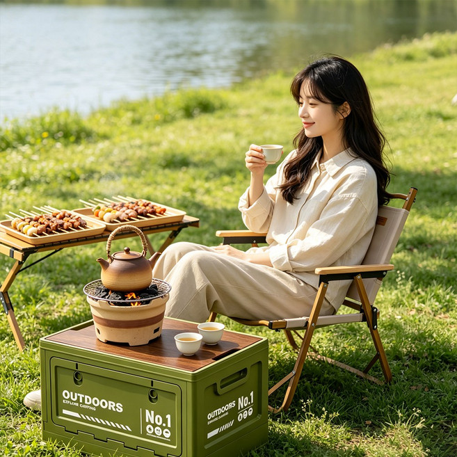 하루꿈 캠핑 박스 접이식 수납함 리빙박스 양사이드 개폐형 야외 차량용 피크닉 감성 정리함 폴딩박스, 1개, 그린