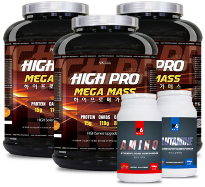 [초급자체중증가세트 3개월 완성 플랜] 하이프로 메가메스3통 엠식스 글루타민 엠식스아미노 1000개