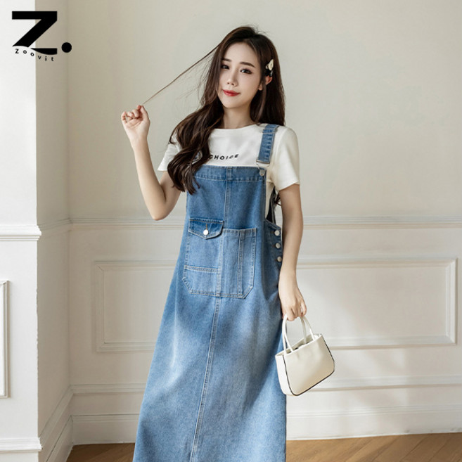 Zoovit 여성 데님 멜빵 원피스 루즈핏 데님 롱원피스