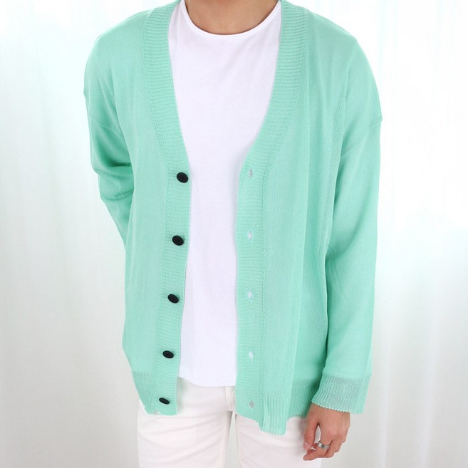 오마보이 남성용 여름 시스루 브이넥 단추 가디건