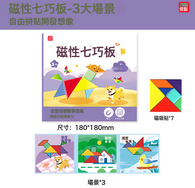 沐騰優創 磁性七巧板 兒童益智拼圖教具 幾何形狀認知玩具, 1個, 紫色磁力七巧板【3大拼圖+7塊磁吸貼】, 1片