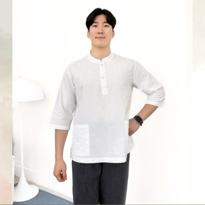 벨류아 남자생활한복 7부 체크 핀턱 티셔츠 남성 여름 개량한복 절복 법복 3color