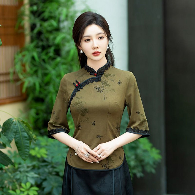 媽媽七分袖小衫 新中式復古風上衣女, 1個, 613 潮流4XL 建議140-150斤左右