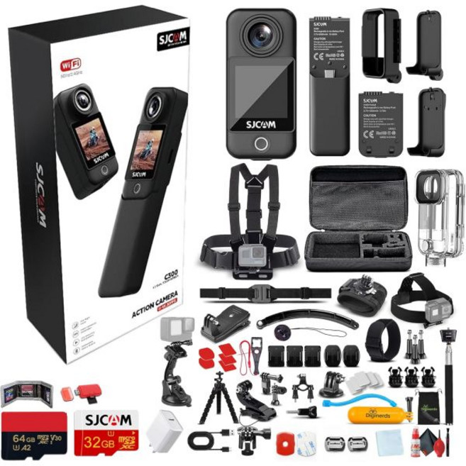 SJCAM C300 4K 듀얼 터치스크린 액션 카메라 | 전면 및 후면 스크린이 있는 울트라 HD 컴팩트 브이로그 캠 방수 미니 카메라C300B 50in1 키트 64GB 카드