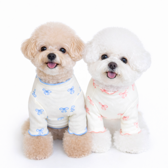 렛츠독 강아지 발레코어 잘늘어나는 리본 골지 여름 사계절 티셔츠 실내복, 블루리본, 1개