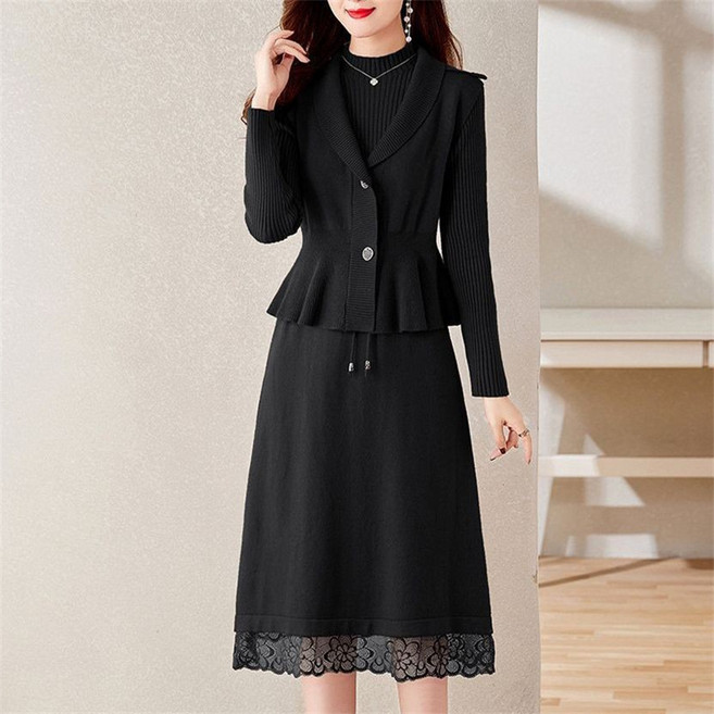 ORZQU 추동 여성 니트 원피스 솔리드 스웨터 니트 스커트 투피스