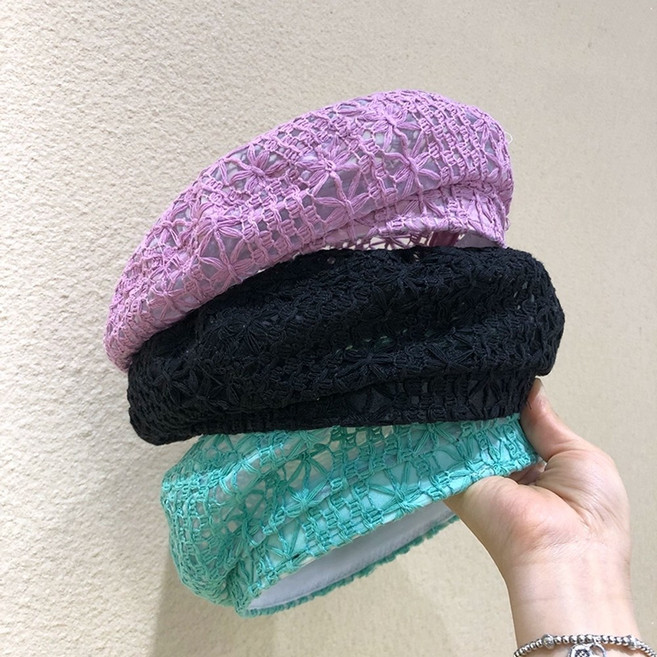 여성 여름 베레모 메쉬 캡 모자 마도로스 카페 헤링본 얇은 통풍 자수