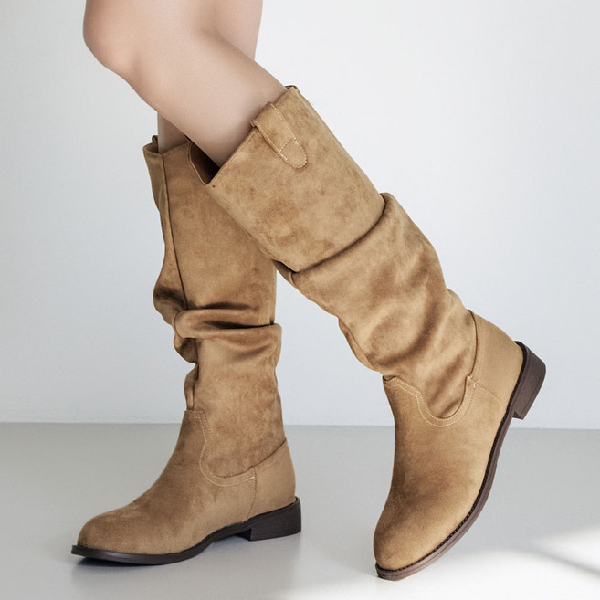 에스유니 발편한 여성 둥근코 카우보이 웨스턴 스웨이드 주름 롱부츠 3cm