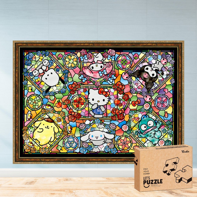 모두의취미 산리오캐릭터즈 글라스 아트 1000피스 캐릭터 직소퍼즐, 1개, 액자세트(엔틱골드)