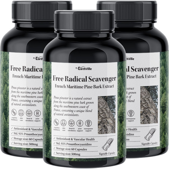 어스빌 프랑스해안송소나무껍질 500mg 프로안토시아니딘 안토시아닌 폴리페놀, 60정, 3개