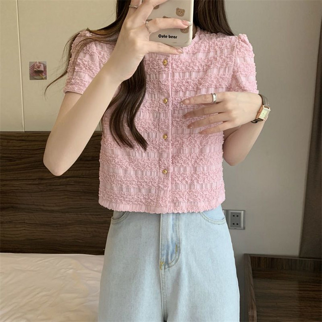 프렌치 여자 반팔 트위드 자켓 빅사이즈 솔리드 쇼트 가디건 슬림핏 반팔 재킷 여름 여성 상의 YJW