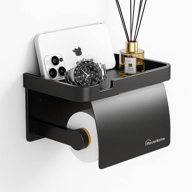 레브홈 무타공 선반형 욕실 두루마리 휴지걸이, 1개, 오닉스블랙