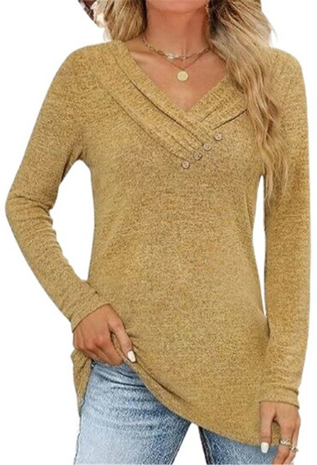 여성 캐주얼 긴 소매 티셔츠 크로스 카울 넥 버튼 트림 풀오버 튜닉 상단 가을 단색 느슨한 스웨트 셔츠