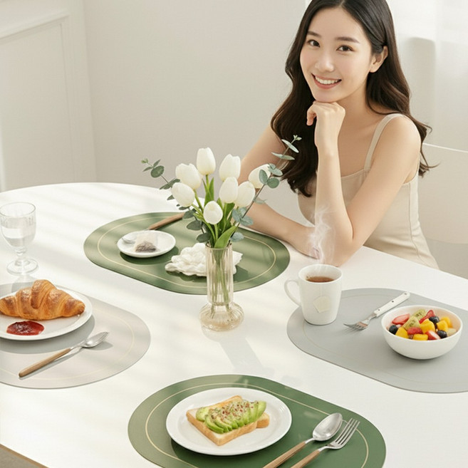 양면 방수 테이블 식탁 매트 4개 세트, 1세트, 4P(30.2*44.9cm), 그린+그레이