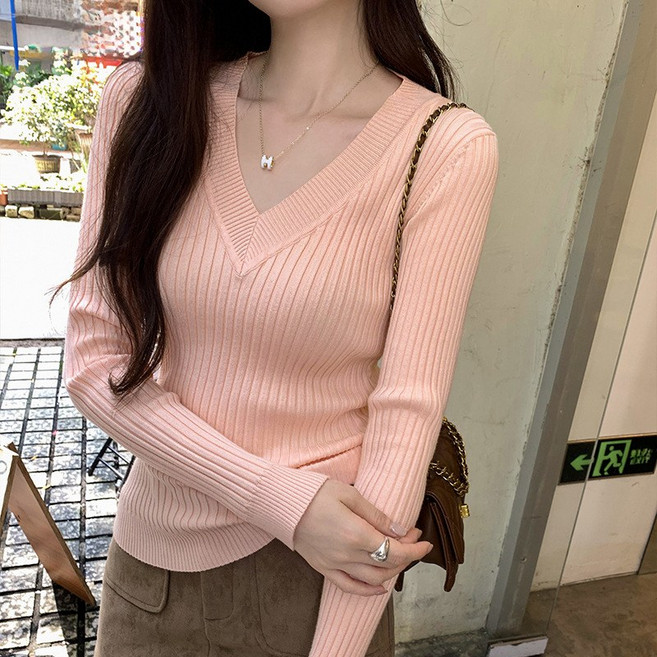 COSYEVNO 여성 니트 겨울 패션 편한 날씬해 보이는 브이넥 긴팔 상의 통근 LFHzzs-9