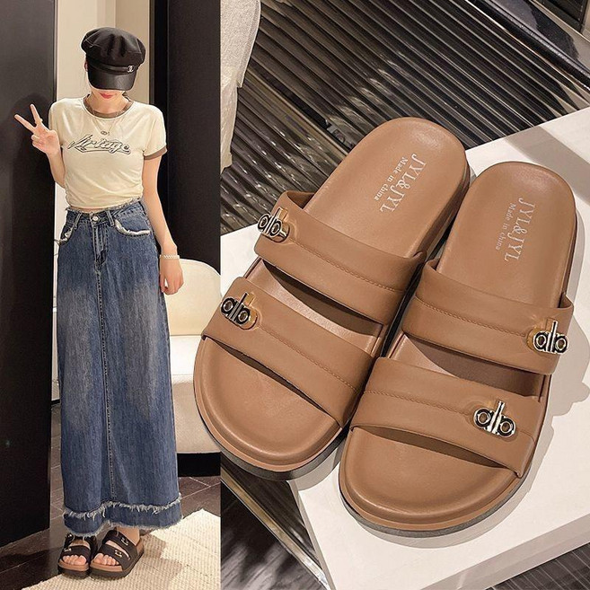 JxLYL 韓系雙帶一字拖女 夏季外穿百搭時尚輕便軟底防滑舒適拖鞋