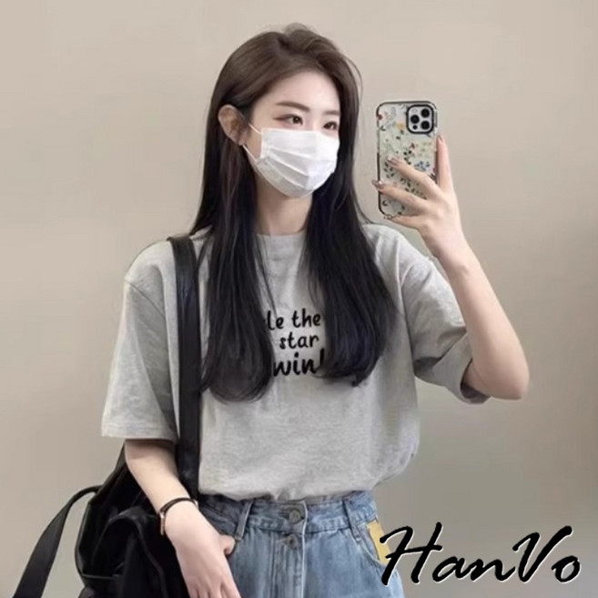 HanVo 英文字寬鬆純棉T恤 休閒簡約短袖上衣