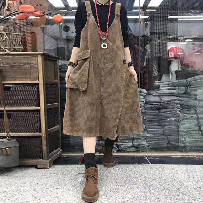 POMTOR 여성 오버핏 코듀로이 멜빵 치마 큰포켓 골덴 멜빵 롱원피스 빅사이즈