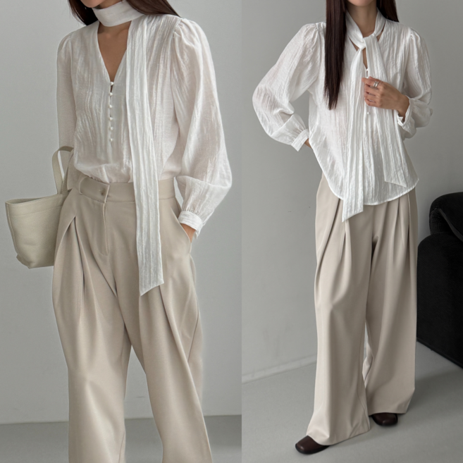 핏몬 여성 링클 진주 브이넥 타이 리본 긴팔 블라우스