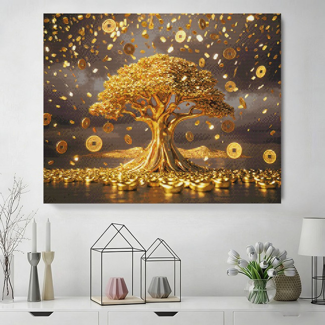 wonderful live 보석십자수 대형 DIY 키트 캔버스형 액자 풍경 인물 해바라기 꽃식물 부엉이 40 x 50 cm, 1개, 골든트리