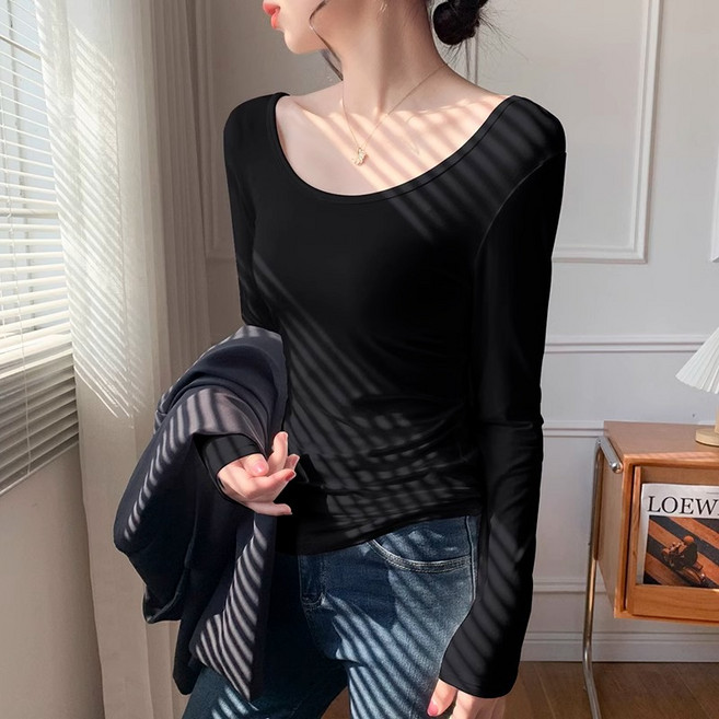여성 스판슬림핏 딥유넥 라운드 긴팔티셔츠 부드러운 얇은 이너티