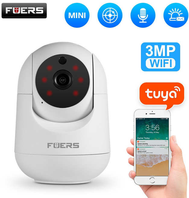 Fuers 3MP IP 카메라 Tuya 스마트 홈 실내 무선 감시 카메라 자동 추적 CCTV 보안 아기 애완 동물 모니터, EU 플러그, 3MP 카메라, 1개