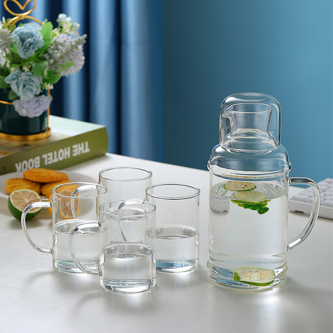 日式玻璃冷水壺套組，1100ML 容量，可直火加熱, 透明色1100ML一壺 4杯, 1套, 1100L