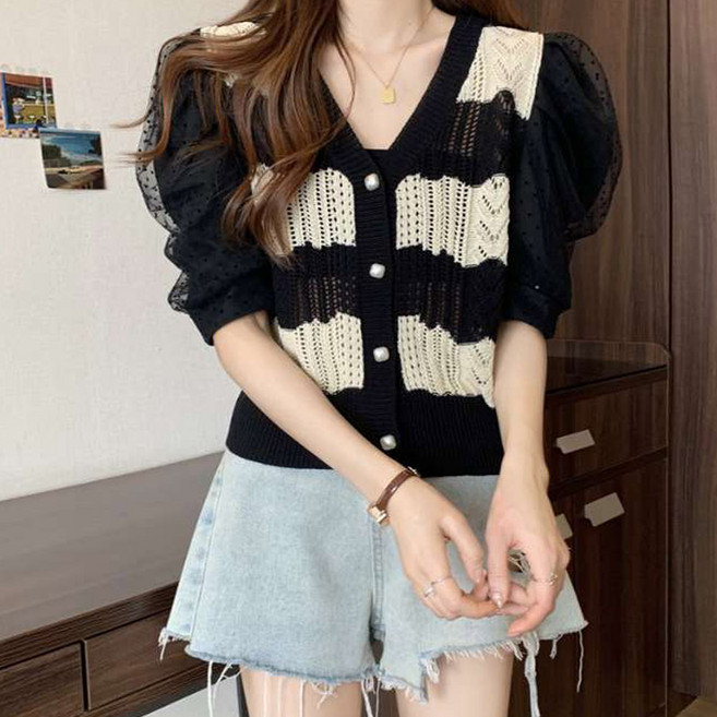 에리페 여성용 페미닌 퍼프 셔링 소매 니트 블라우스