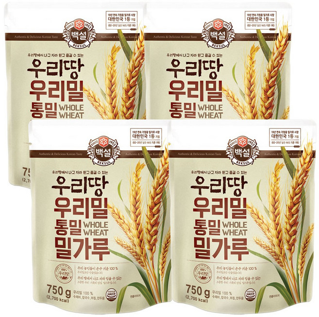 [메가마트]CJ 백설 우리땅 우리밀 통밀 밀가루 750g, 4개